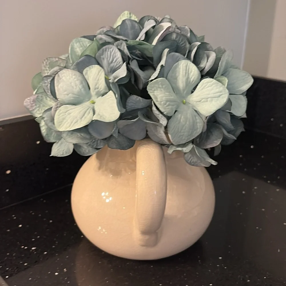 Charming Ceramic Pitcher Vase w Faux Hydrangea Bloom Shabby Chic Cottagecore